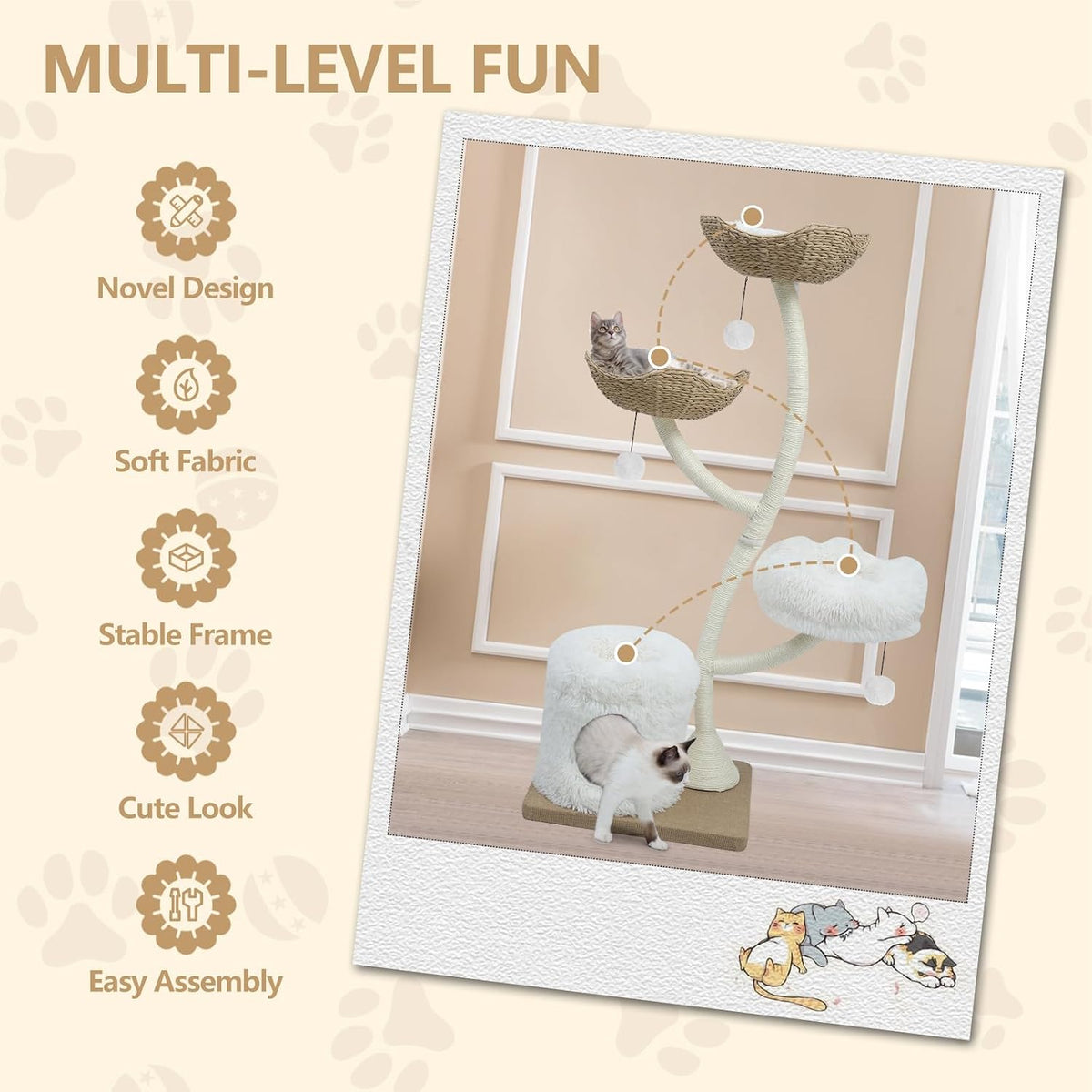 63" Tall Cat Tree Tower for Indoor Cats, Multi-Level Large Cat Climbing Furniture with Scratching Posts, Soft Perch, Cozy Cave, and Hanging Toys