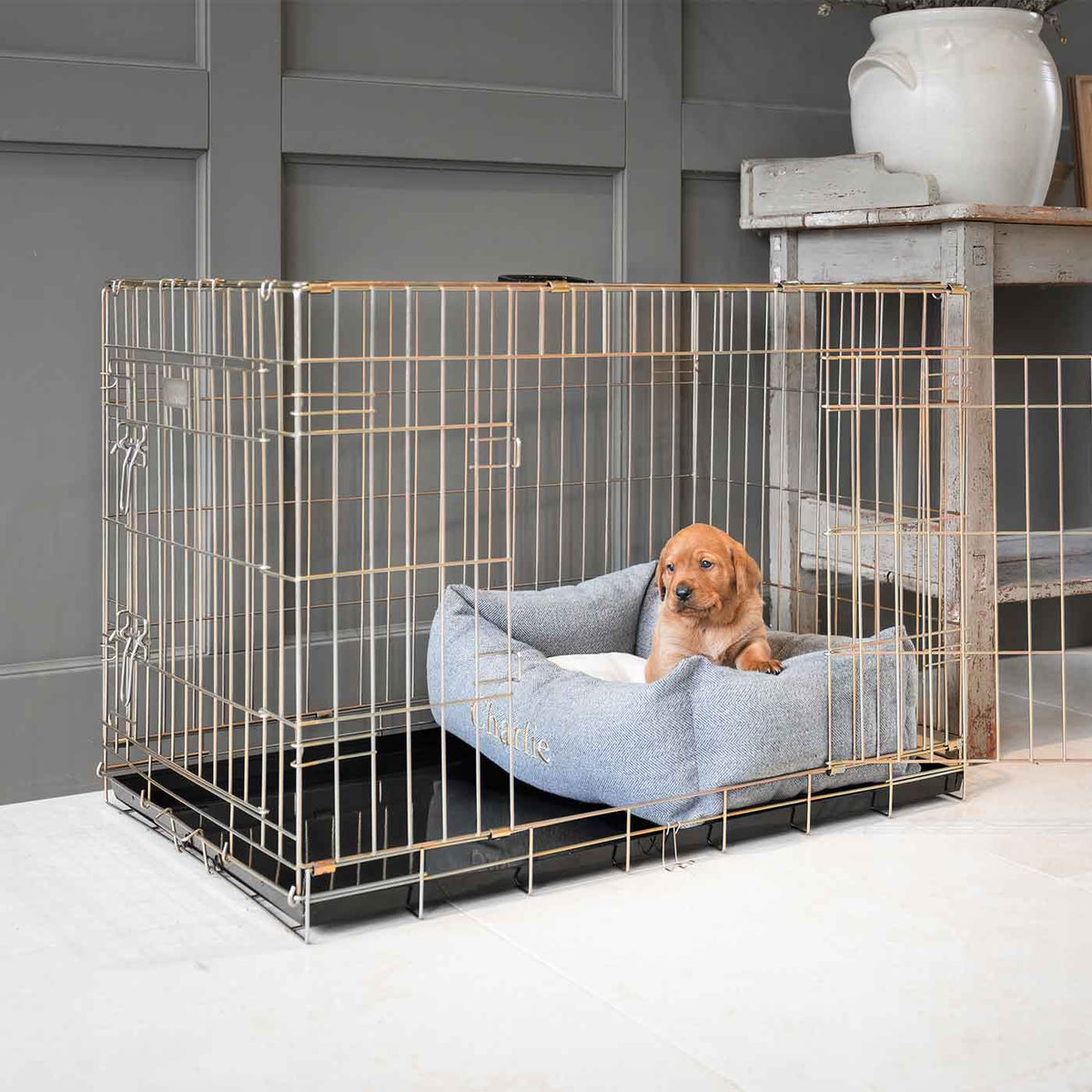 Cozy & Calming Puppy Cage Bed in Herringbone Tweed