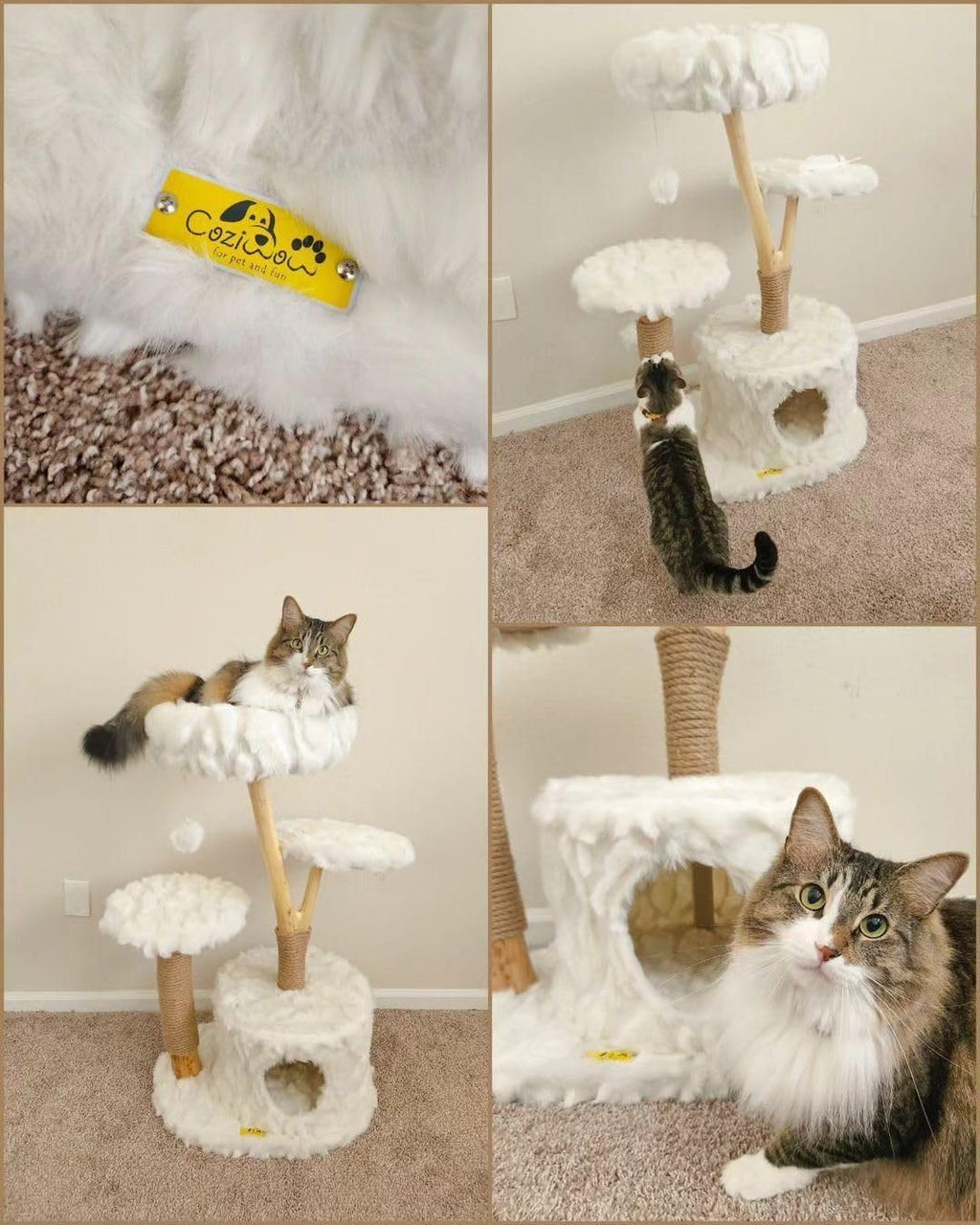 COZIWOW Cloud Cat Tree for Indoor Cats, 42" Modern Aesthetic Cat Tower with Solid Wood Branches, Top Cat Bed, Side Perch, Large Condo, Scratching