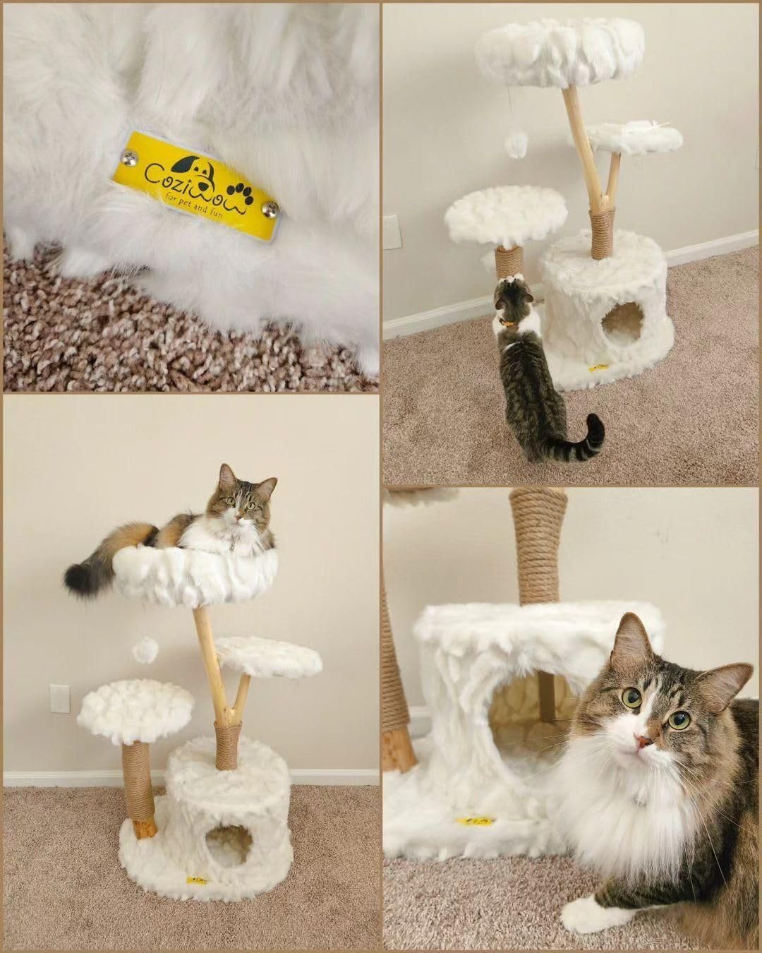 COZIWOW Cloud Cat Tree for Indoor Cats, 42" Modern Aesthetic Cat Tower with Solid Wood Branches, Top Cat Bed, Side Perch, Large Condo, Scratching