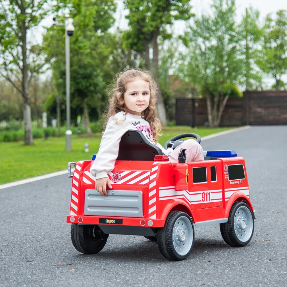 2026 12V Kids Fire Truck Electric Ride On One Seater with Leather Seat and RC