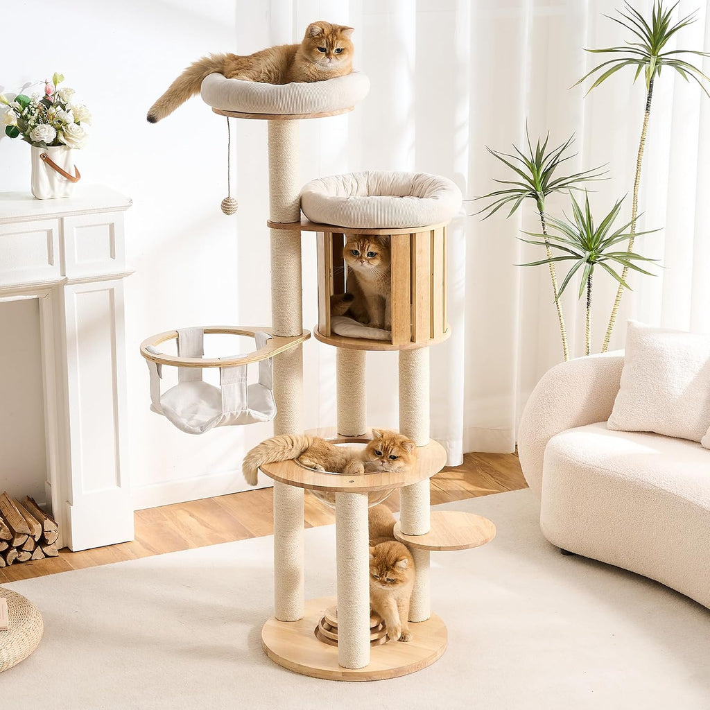 Wood Modern Cat Tree, 61.5" Cat Tower with Sisal Scratching Posts, Cat Condo, Capsule,Hamnock and Spinner Toy, Solid Wooden Aesthetic Multi-Level Cat