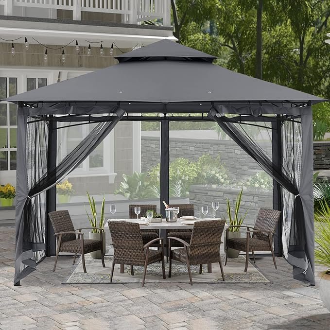 ABCCANOPY Gazebos for Patios 10×10 – Outdoor Steel Frame Gazebo with Mosquito Netting for Lawn Backyard Garden Deck (Dark Gray)