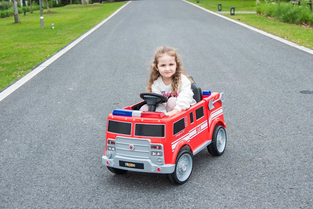 2026 12V Kids Fire Truck Electric Ride On One Seater with Leather Seat and RC