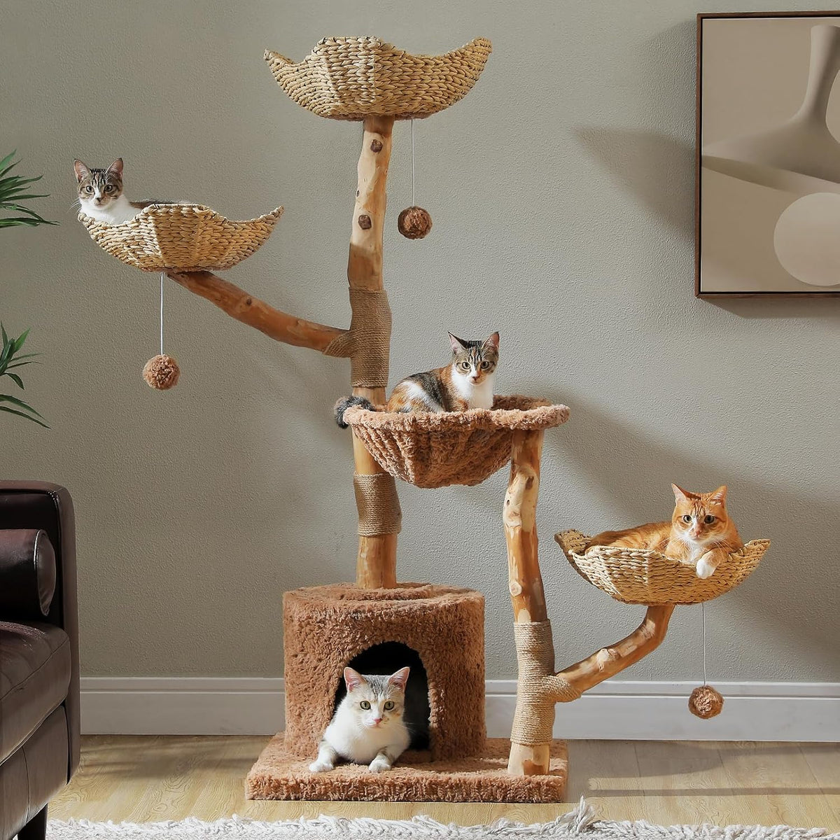 PAWZ Road Modern Cat Tree with Real Wood&Wicker Basket for Large Cats Brown