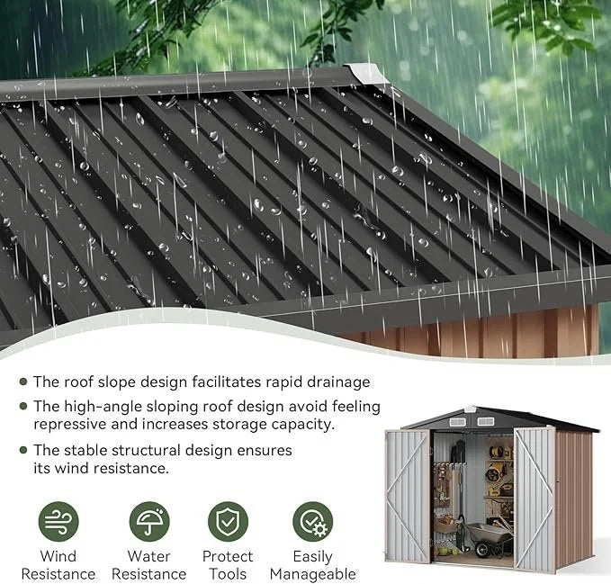 Aoxun 6.2×4 FT Shed Outdoor Storage Shed with Lockable Doors & Slooping Roof Metal Garden Tool Shed for Backyard, Patio, Poolside (Brown)