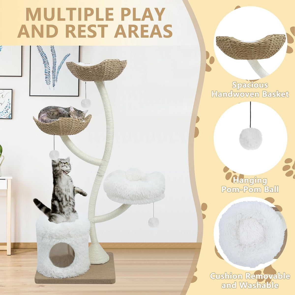 63" Tall Cat Tree Tower for Indoor Cats, Multi-Level Large Cat Climbing Furniture with Scratching Posts, Soft Perch, Cozy Cave, and Hanging Toys