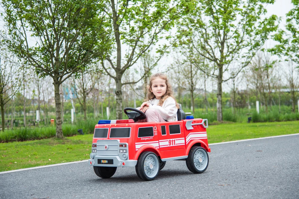 2026 12V Kids Fire Truck Electric Ride On One Seater with Leather Seat and RC