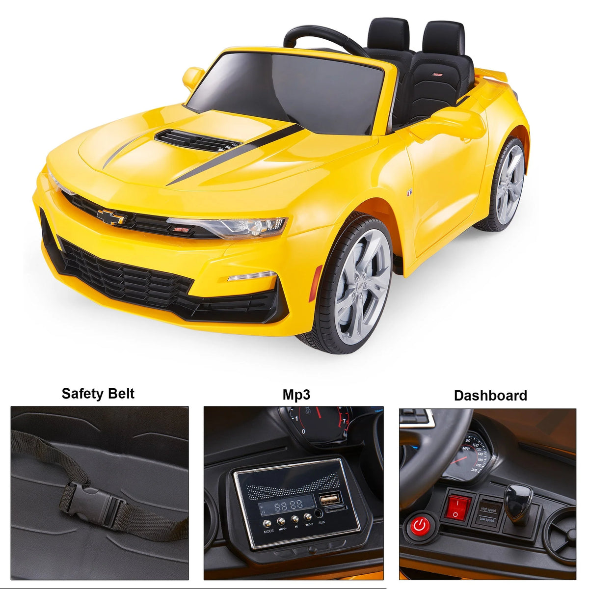 12V Chevrolet Camaro 2SS Kids Ride On One Seater Electric Car with Leather Seat, Rubber Tires and RC