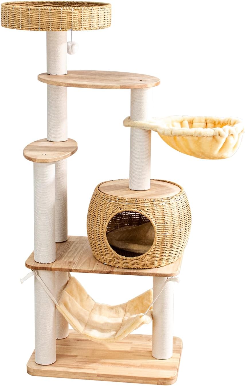 Modern Cat Tree for Large Cat, 56.7-Inch Tall Cat Tower with Scratching Post for Indoor Cats, Multi-Level Cat Condo with Hand-Woven Cat Bed and