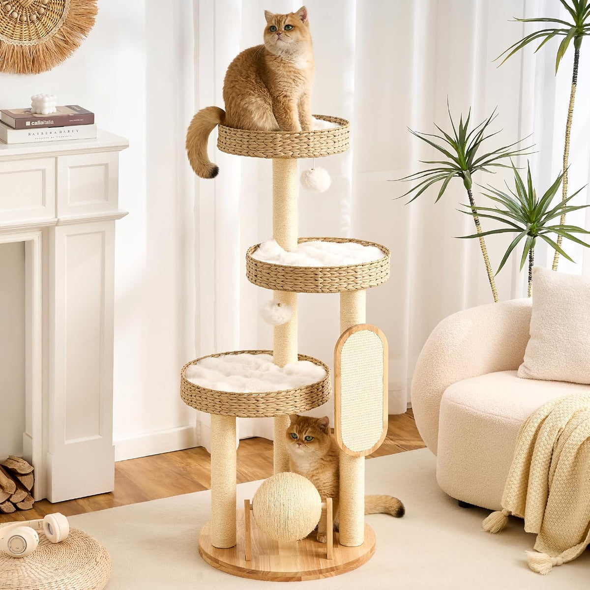 Wood Modern Cat Tree, 61.5" Cat Tower with Sisal Scratching Posts, Cat Condo, Capsule,Hamnock and Spinner Toy, Solid Wooden Aesthetic Multi-Level Cat