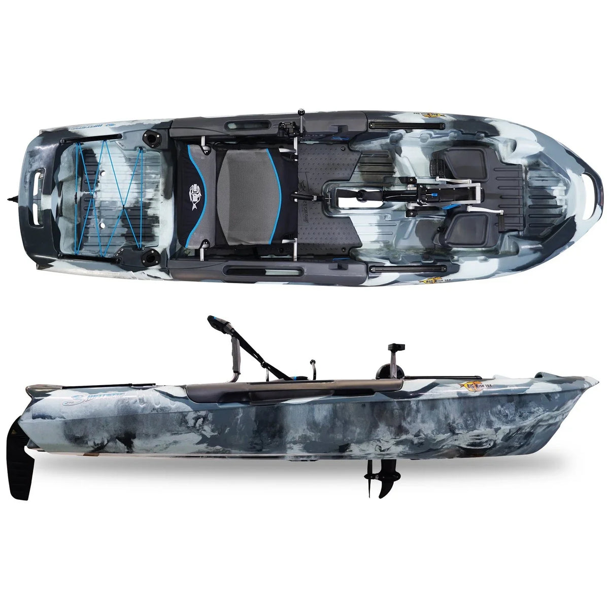 3 Waters Big Fish 108′ Length Urban Camo Pro Fish Pedals Drive Cathedral Hull