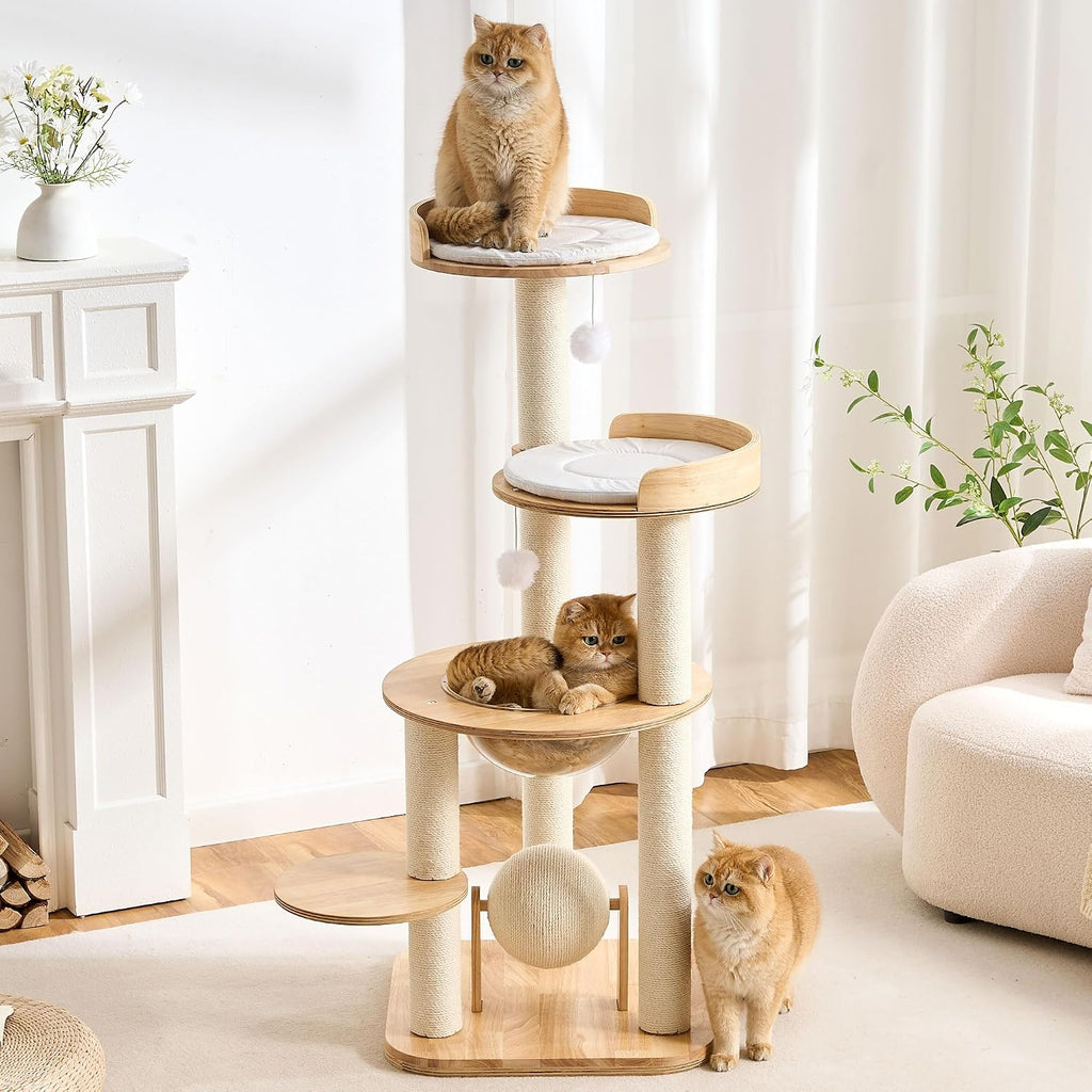 Wood Modern Cat Tree, 61.5" Cat Tower with Sisal Scratching Posts, Cat Condo, Capsule,Hamnock and Spinner Toy, Solid Wooden Aesthetic Multi-Level Cat