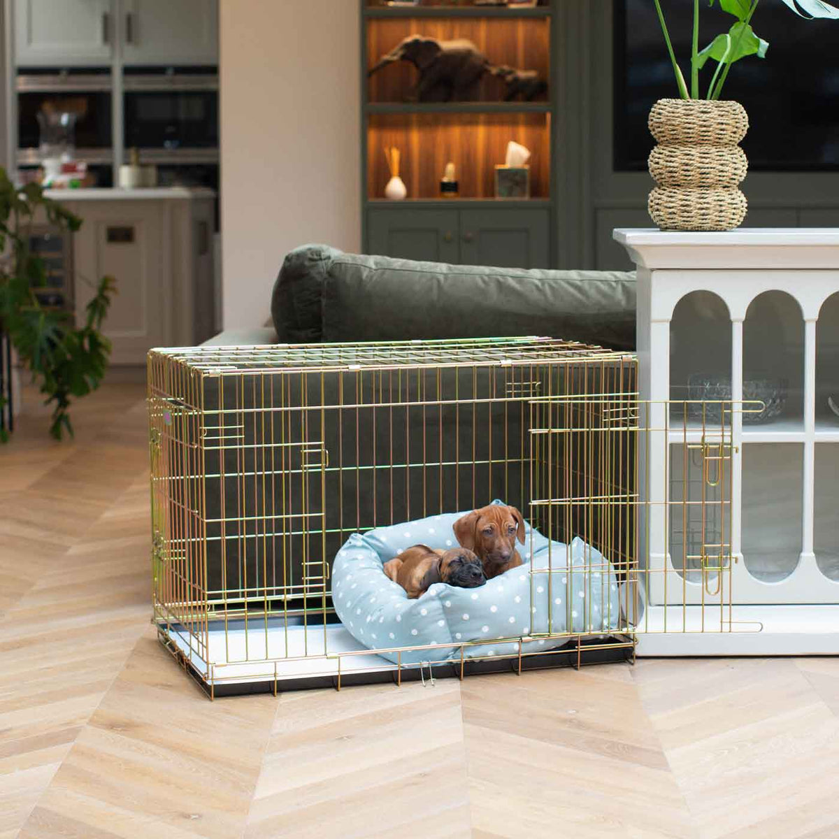 Cozy & Calming Puppy Cage Bed in Spots & Stripes