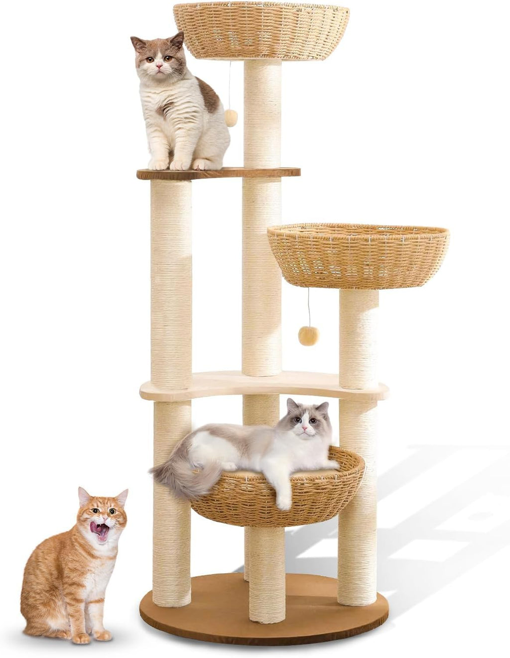 52" Modern Cat Tree Tower for Large Cats, 3Cat Nests Manual Hand Woven Multilevel Huge Paws Pals Cat Tree, Wood Cat Tower, Cat Scratching Tree, Cat