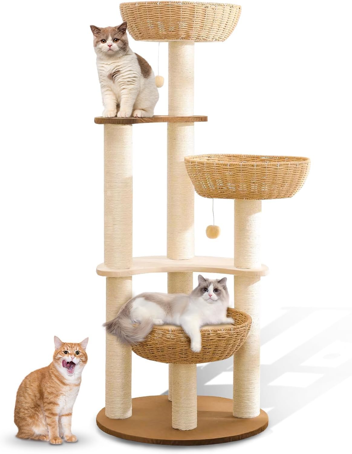 52" Modern Cat Tree Tower for Large Cats, 3Cat Nests Manual Hand Woven Multilevel Huge Paws Pals Cat Tree, Wood Cat Tower, Cat Scratching Tree, Cat