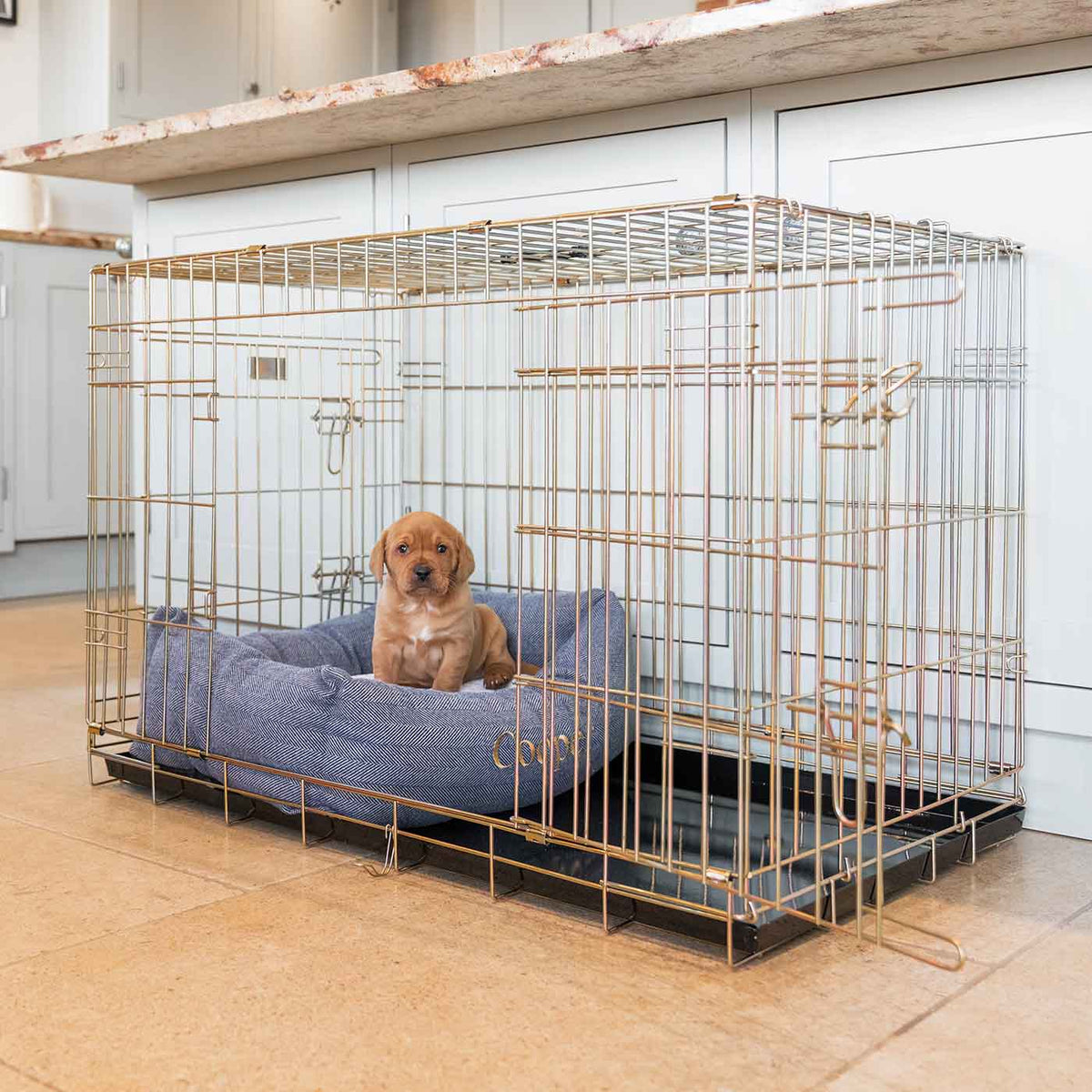 Cozy & Calming Puppy Cage Bed in Herringbone Tweed