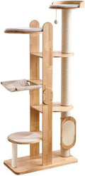 SHENGOCASE Modern Stylish 52.4 inches Tall Wooden Cat Tree Tower, Aesthetic Cat Condo Ladder with 5-Level Big Perch Platform Bed for Window Viewing