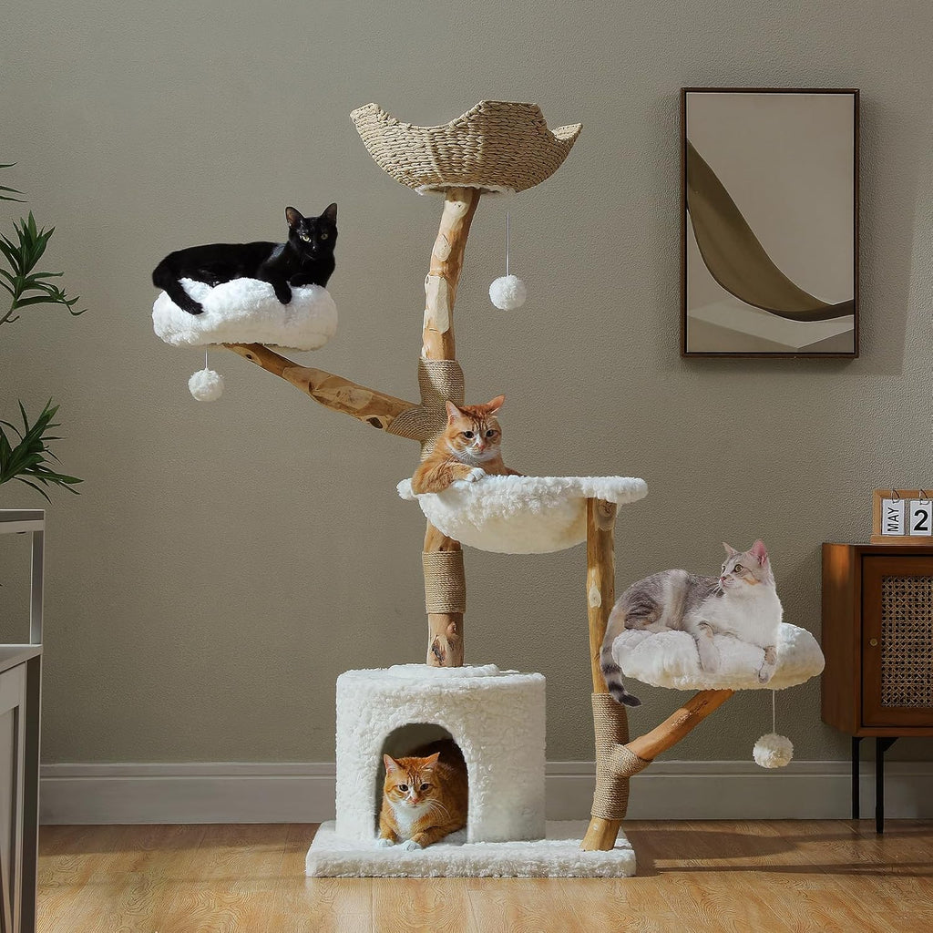 PAWZ Road Modern Cat Tree with Real Wood&Wicker Basket for Large Cats Brown