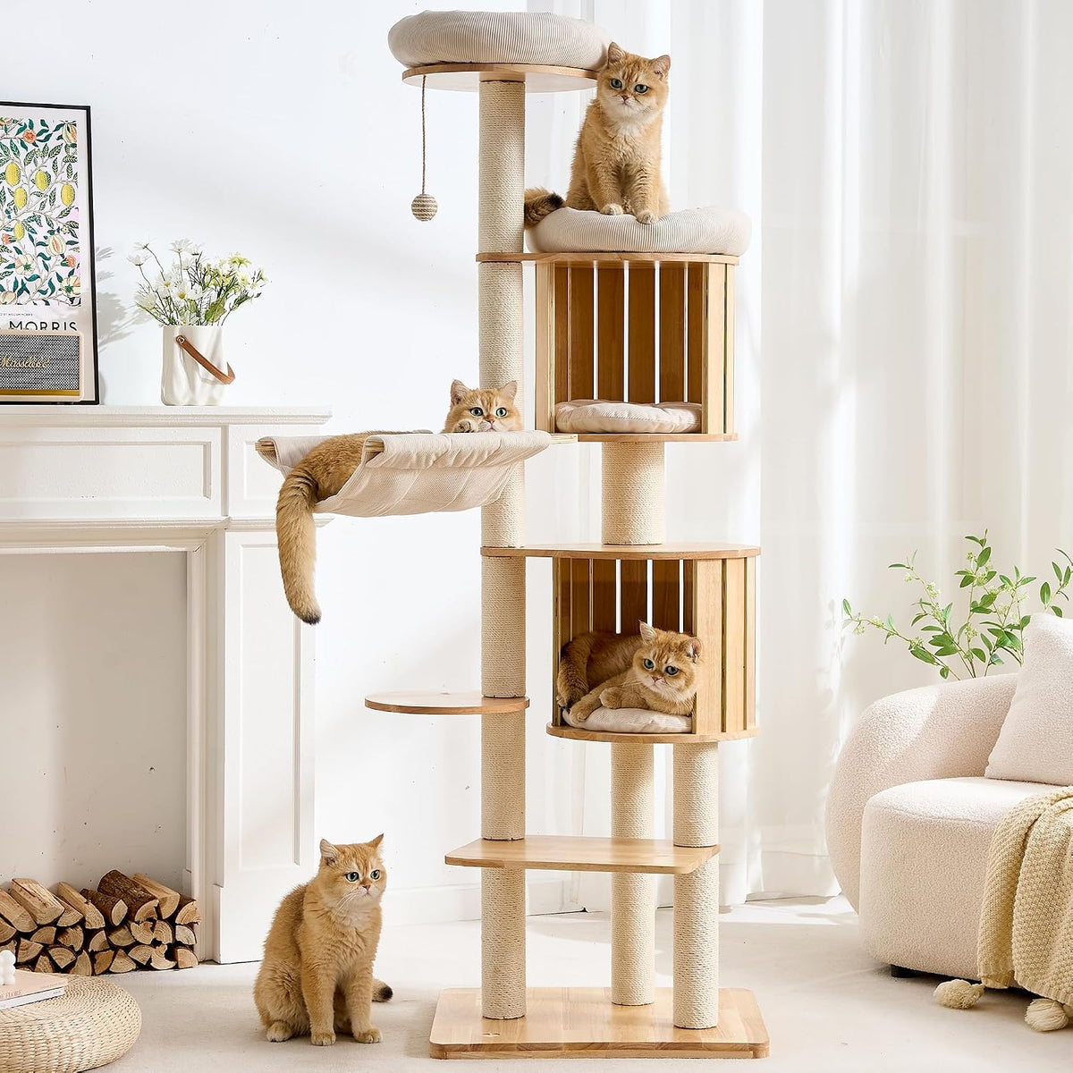 Wood Modern Cat Tree, 61.5" Cat Tower with Sisal Scratching Posts, Cat Condo, Capsule,Hamnock and Spinner Toy, Solid Wooden Aesthetic Multi-Level Cat