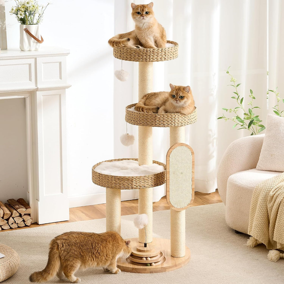 Wood Modern Cat Tree, 61.5" Cat Tower with Sisal Scratching Posts, Cat Condo, Capsule,Hamnock and Spinner Toy, Solid Wooden Aesthetic Multi-Level Cat