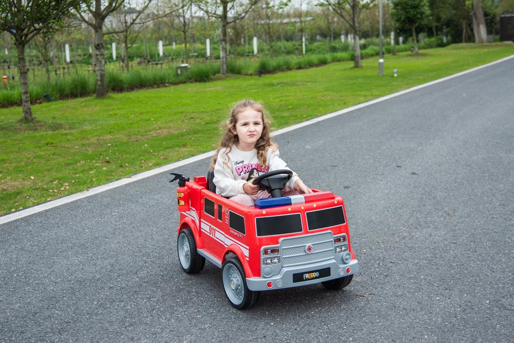 2026 12V Kids Fire Truck Electric Ride On One Seater with Leather Seat and RC