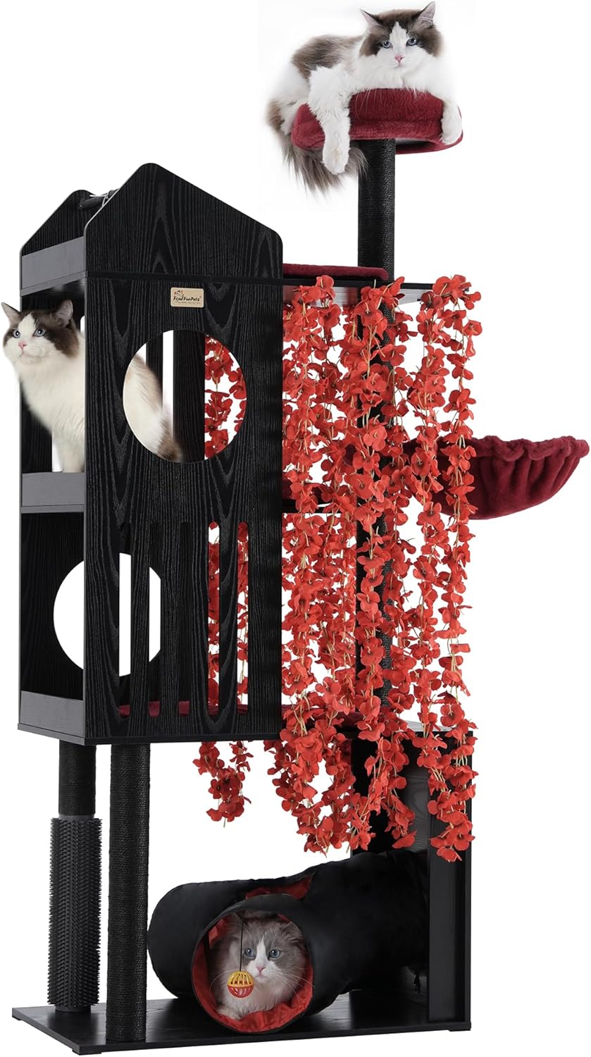 Large Cat Tree with Leaves, 72.8-Inch Cat Tower for Indoor Cats, Modern Cat Tree with Scratching Post, Large Perch, Tunnels, Swing Ball, Self
