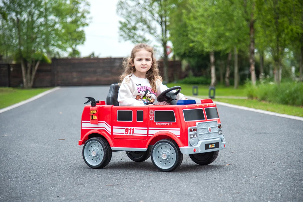 2026 12V Kids Fire Truck Electric Ride On One Seater with Leather Seat and RC