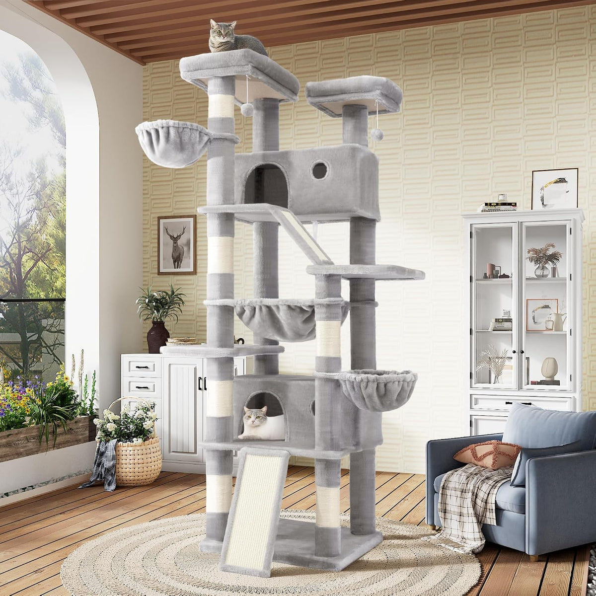 SHA CERLIN 81in Multi-Level Tall Cat Tree Tower for Indoor Kitties/Larger Cat Condo Furniture with Hammock/Cozy Pussycat Perches/Sisal Scratching