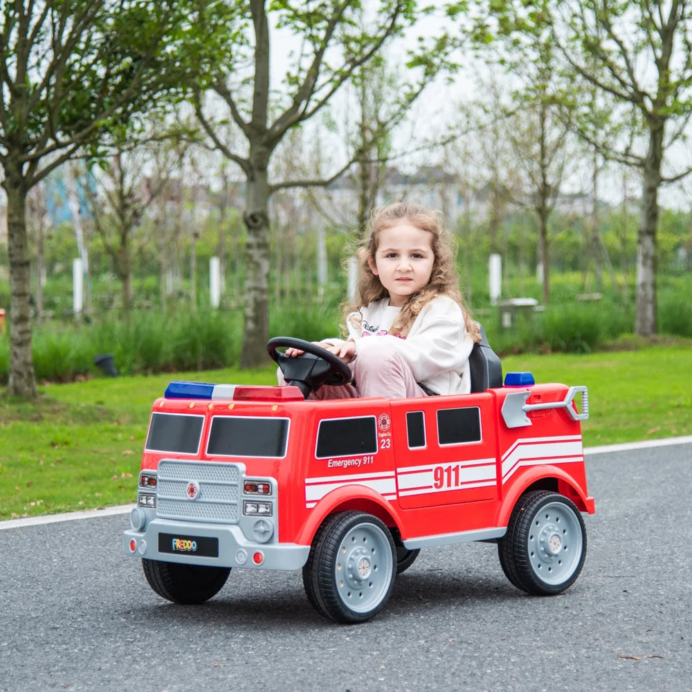 2026 12V Kids Fire Truck Electric Ride On One Seater with Leather Seat and RC