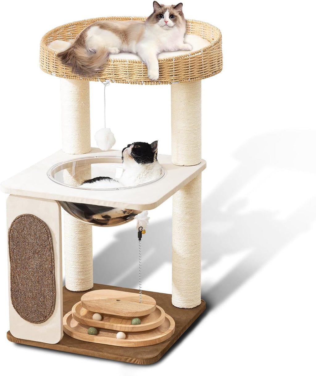 52" Modern Cat Tree Tower for Large Cats, 3Cat Nests Manual Hand Woven Multilevel Huge Paws Pals Cat Tree, Wood Cat Tower, Cat Scratching Tree, Cat