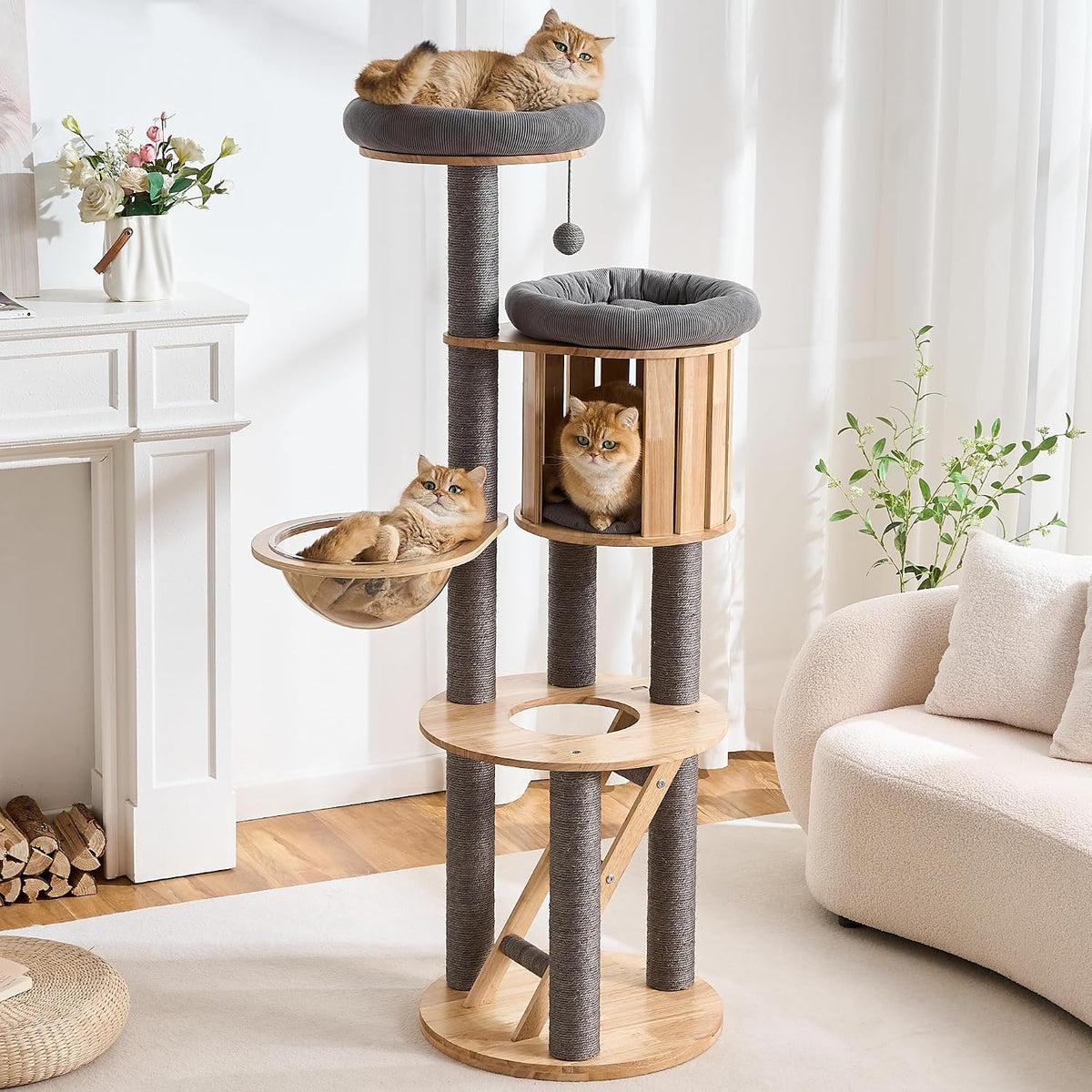 Wood Modern Cat Tree, 61.5" Cat Tower with Sisal Scratching Posts, Cat Condo, Capsule,Hamnock and Spinner Toy, Solid Wooden Aesthetic Multi-Level Cat