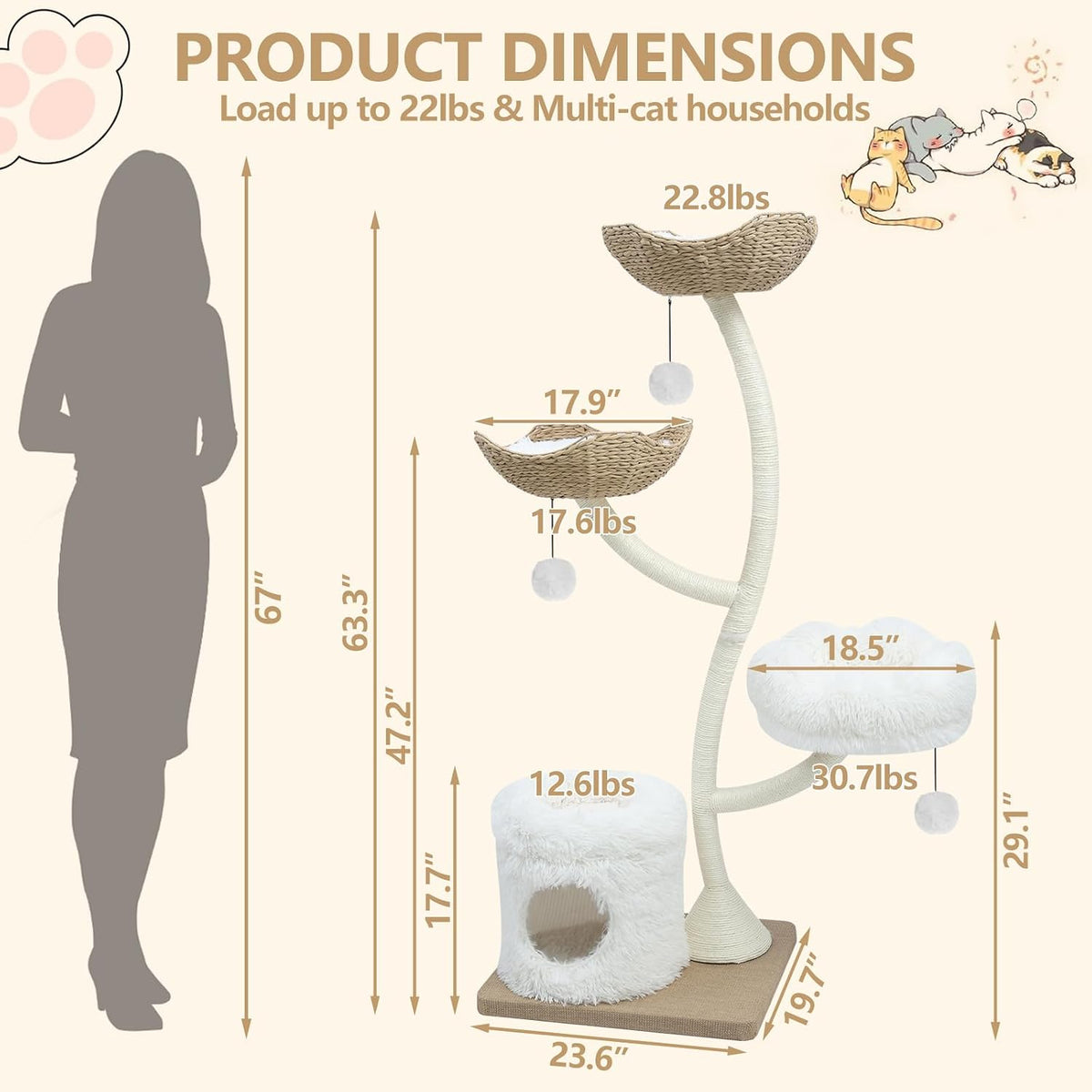 63" Tall Cat Tree Tower for Indoor Cats, Multi-Level Large Cat Climbing Furniture with Scratching Posts, Soft Perch, Cozy Cave, and Hanging Toys