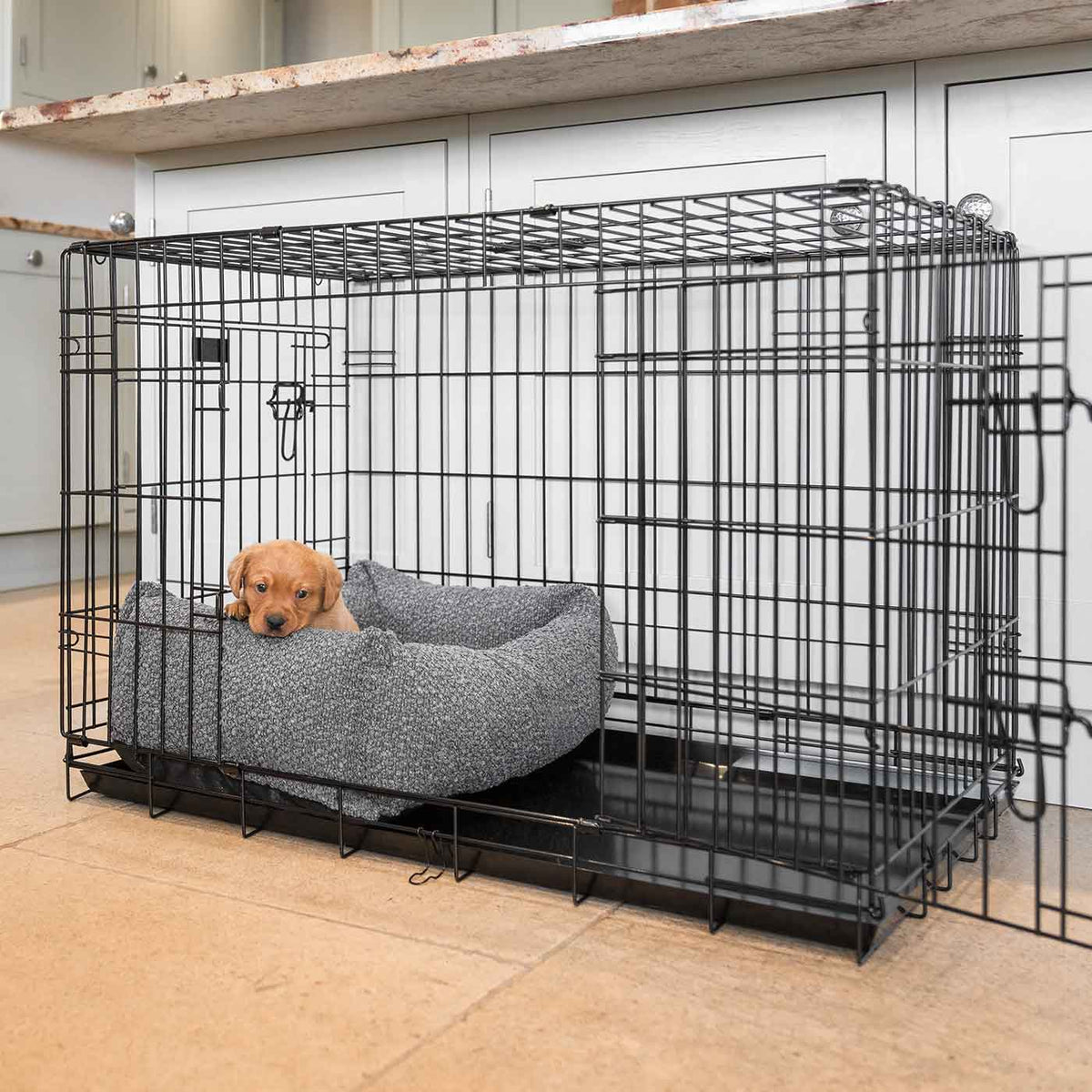 Cozy & Calming Puppy Cage Bed In Granite Boucl