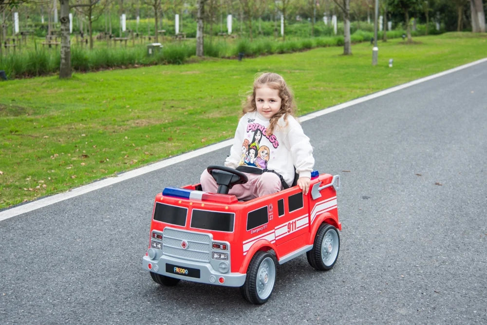 2026 12V Kids Fire Truck Electric Ride On One Seater with Leather Seat and RC