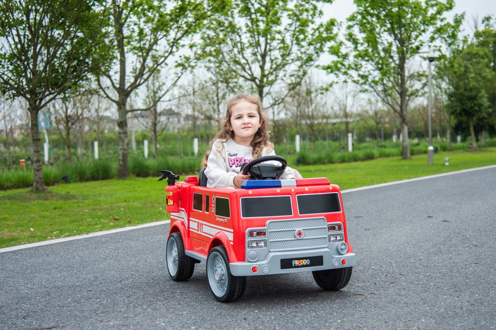 2026 12V Kids Fire Truck Electric Ride On One Seater with Leather Seat and RC