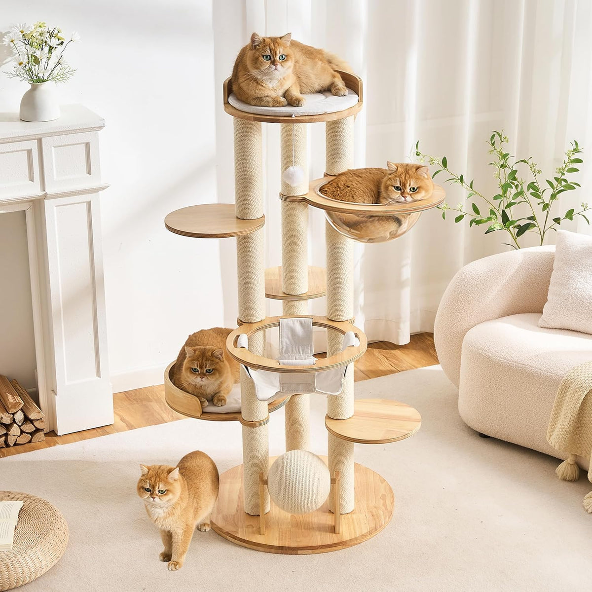 Wood Modern Cat Tree, 61.5" Cat Tower with Sisal Scratching Posts, Cat Condo, Capsule,Hamnock and Spinner Toy, Solid Wooden Aesthetic Multi-Level Cat