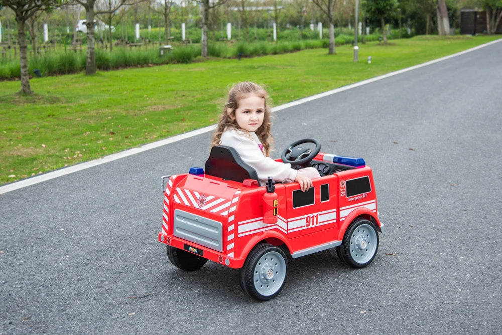2026 12V Kids Fire Truck Electric Ride On One Seater with Leather Seat and RC