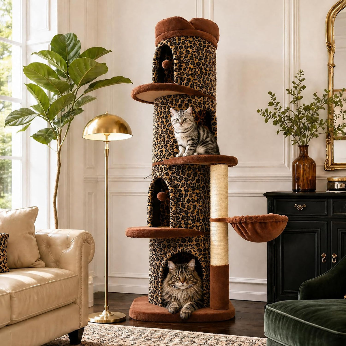 68.5" Forest Cat Tree Tower with 4 Condos & Flower Top Bed, Brown