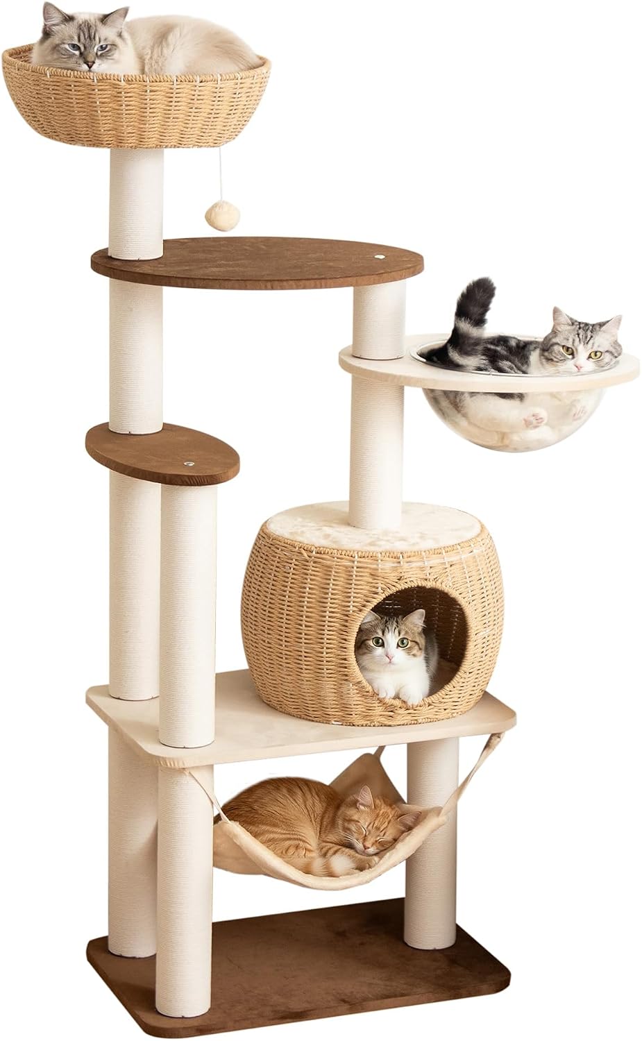 Modern Cat Tree for Large Cat, 56.7-Inch Tall Cat Tower with Scratching Post for Indoor Cats, Multi-Level Cat Condo with Hand-Woven Cat Bed and