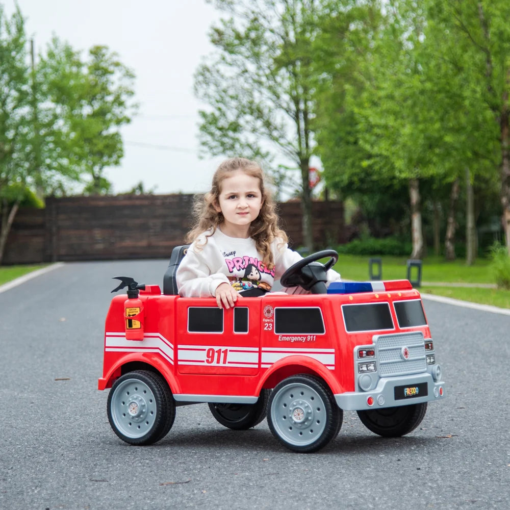2026 12V Kids Fire Truck Electric Ride On One Seater with Leather Seat and RC