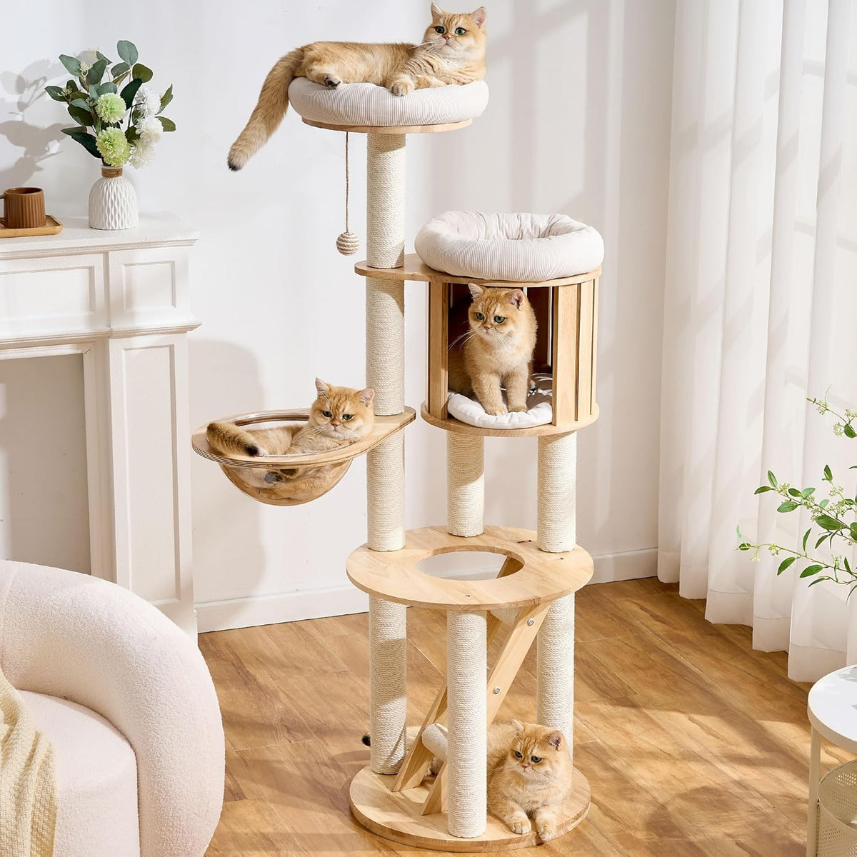 Wood Modern Cat Tree, 61.5" Cat Tower with Sisal Scratching Posts, Cat Condo, Capsule,Hamnock and Spinner Toy, Solid Wooden Aesthetic Multi-Level Cat