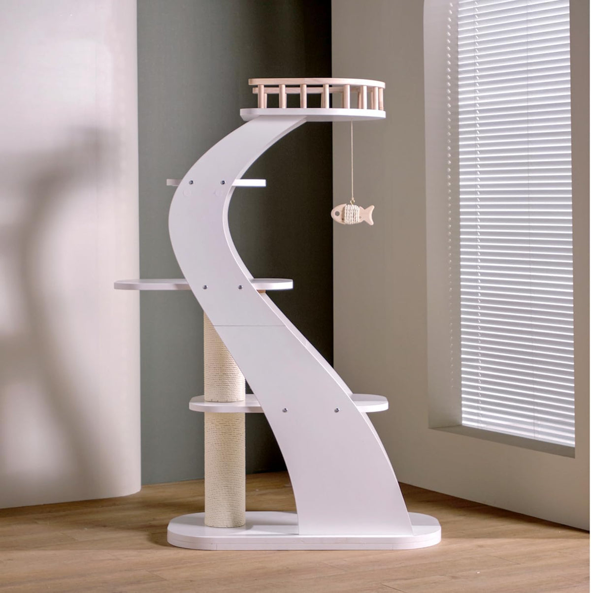 SHENGOCASE Modern Stylish 52.4 inches Tall Wooden Cat Tree Tower, Aesthetic Cat Condo Ladder with 5-Level Big Perch Platform Bed for Window Viewing