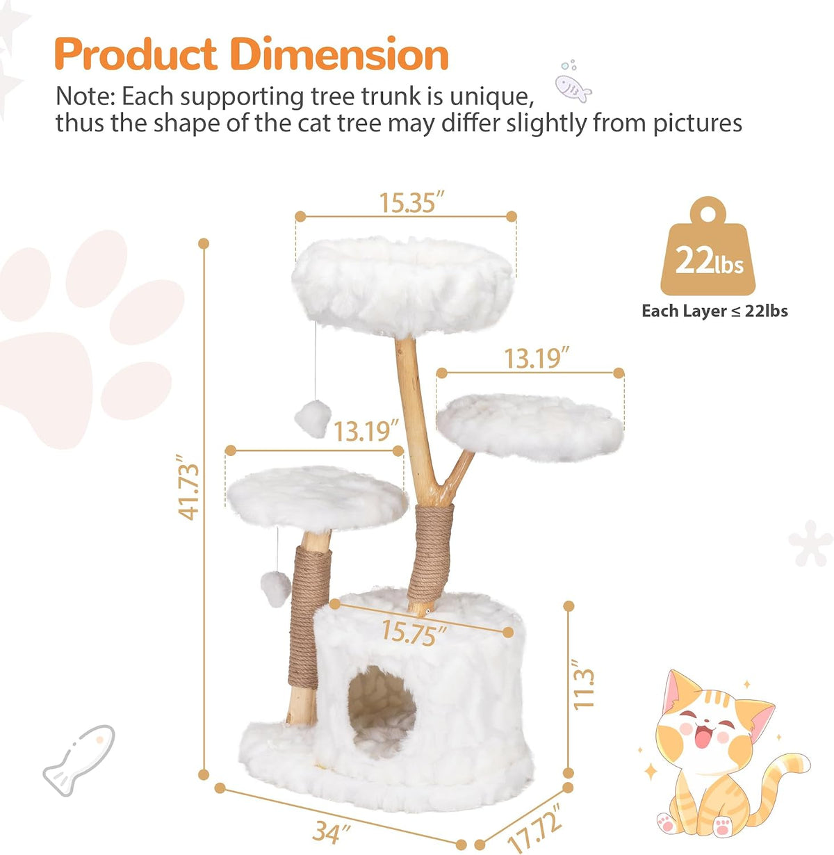 COZIWOW Cloud Cat Tree for Indoor Cats, 42" Modern Aesthetic Cat Tower with Solid Wood Branches, Top Cat Bed, Side Perch, Large Condo, Scratching
