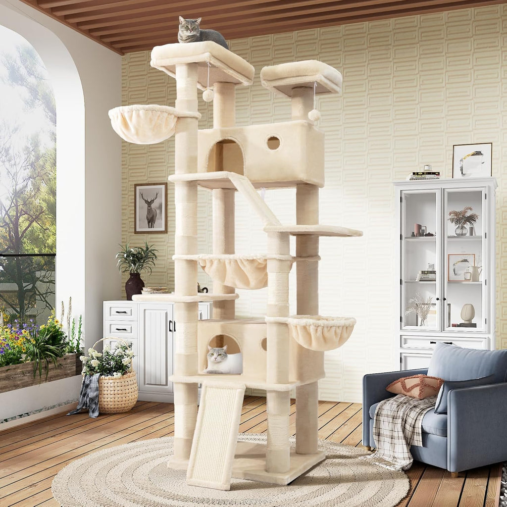 SHA CERLIN 81in Multi-Level Tall Cat Tree Tower for Indoor Kitties/Larger Cat Condo Furniture with Hammock/Cozy Pussycat Perches/Sisal Scratching