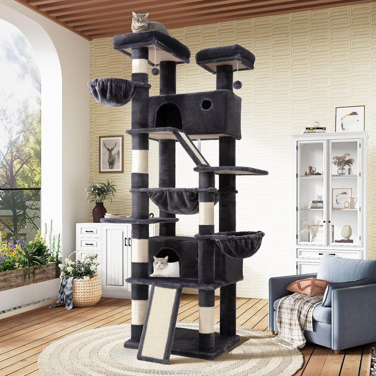 SHA CERLIN 81in Multi-Level Tall Cat Tree Tower for Indoor Kitties/Larger Cat Condo Furniture with Hammock/Cozy Pussycat Perches/Sisal Scratching