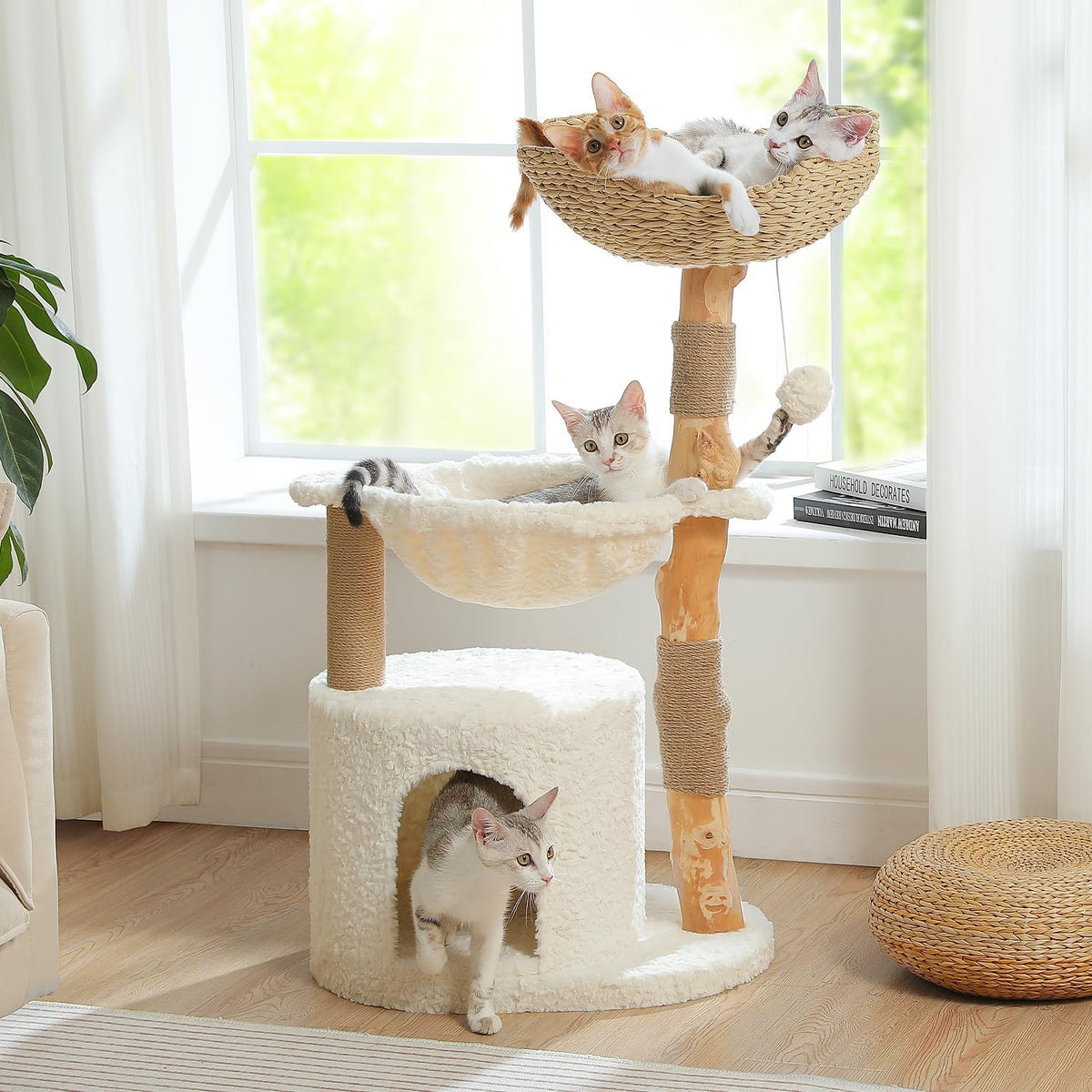 PAWZ Road Modern Cat Tree with Real Wood&Wicker Basket for Large Cats Brown
