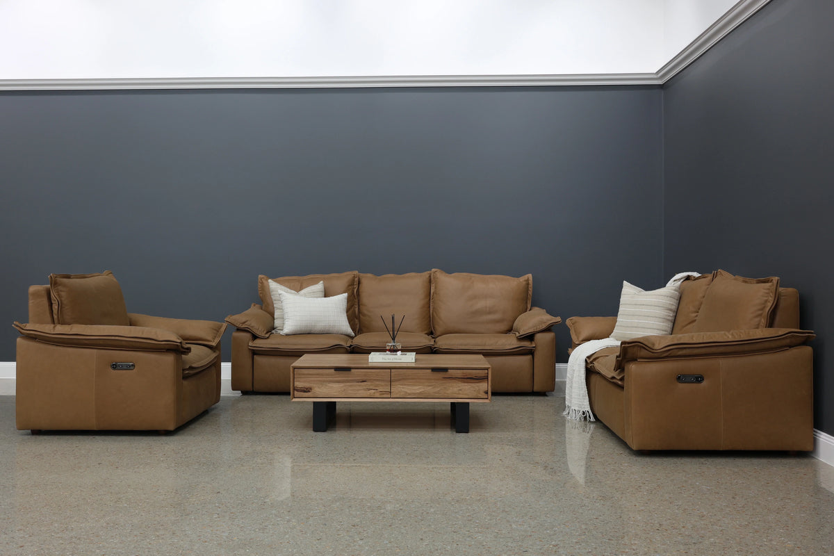 Portland Electric Reclining 3 Seater Tan Leather