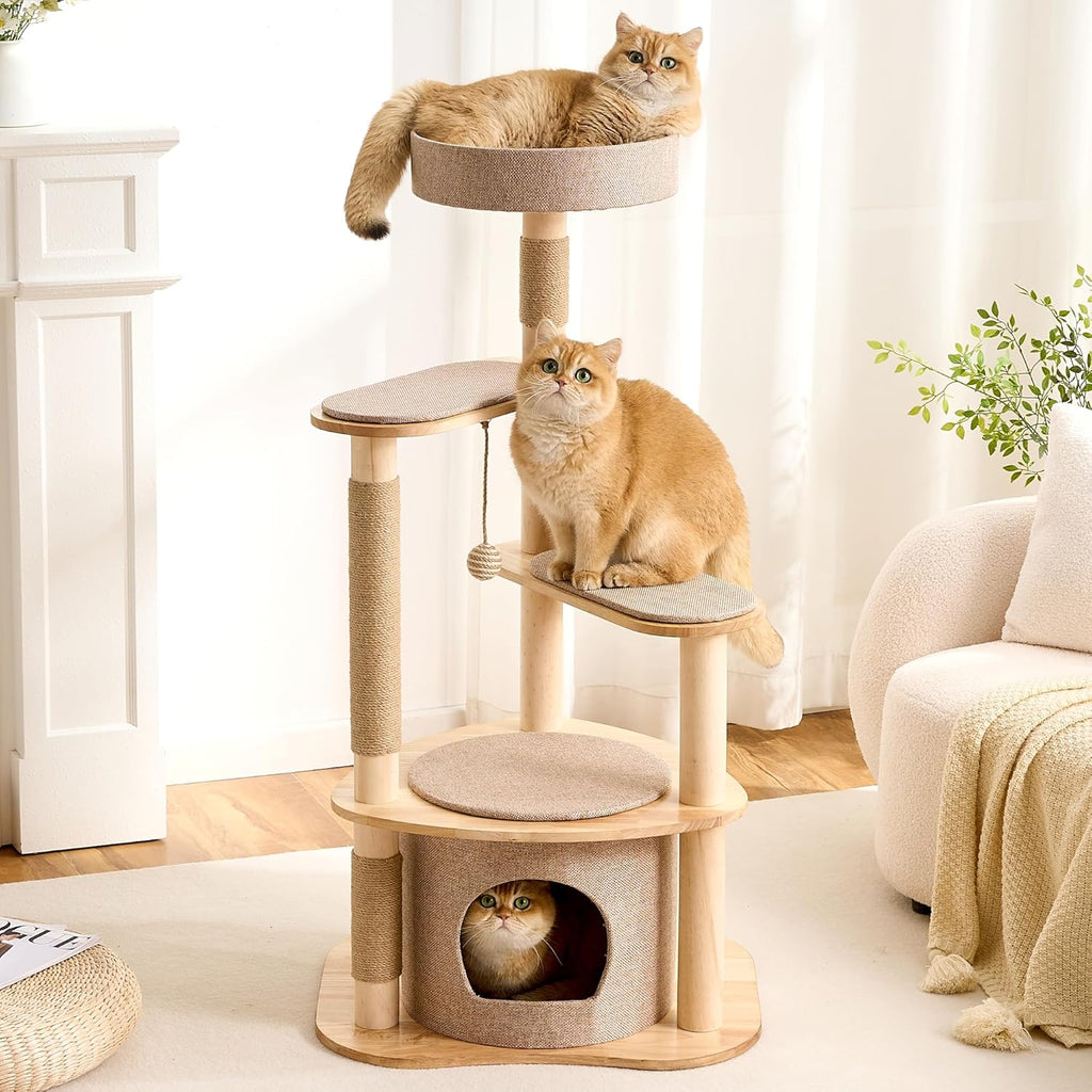 Wood Modern Cat Tree, 61.5" Cat Tower with Sisal Scratching Posts, Cat Condo, Capsule,Hamnock and Spinner Toy, Solid Wooden Aesthetic Multi-Level Cat