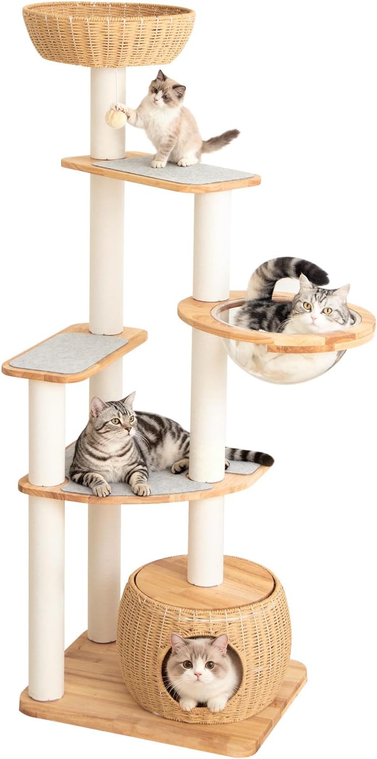 Modern Cat Tree for Large Cat, 56.7-Inch Tall Cat Tower with Scratching Post for Indoor Cats, Multi-Level Cat Condo with Hand-Woven Cat Bed and